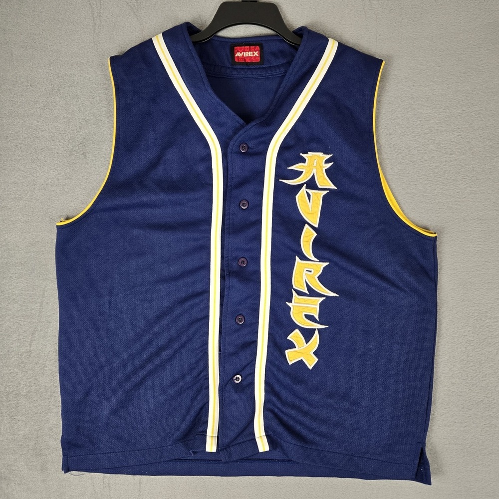 Avirex Jersey Mens 2XL Blue‎ Embroidered Japanese Script Hip Hop Streetwear